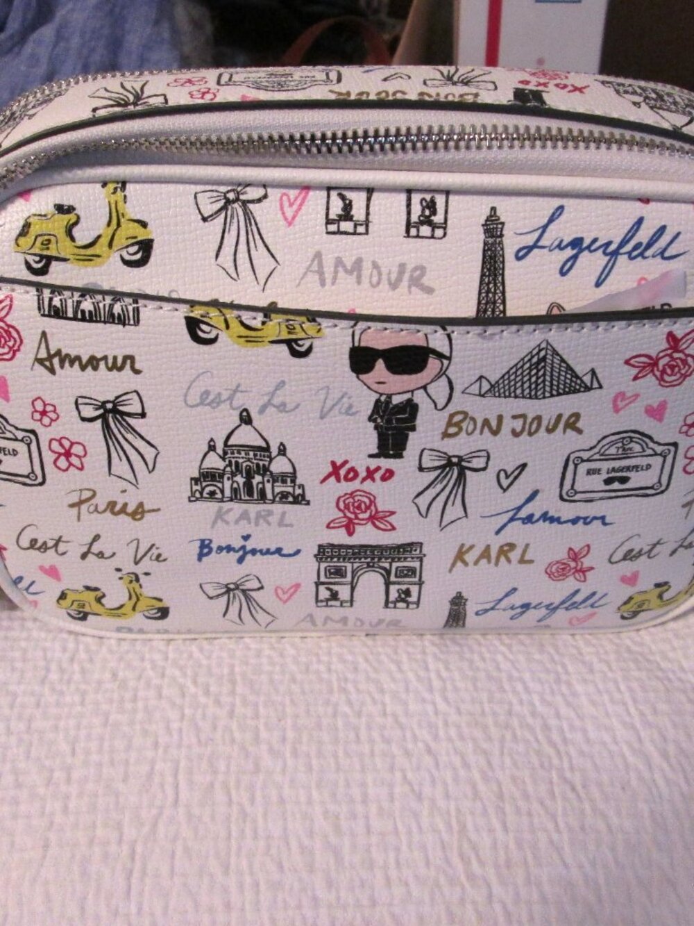 NWT Karl Lagerfeld Paris White Maybelle Camera Crossbody Bag Double Zip